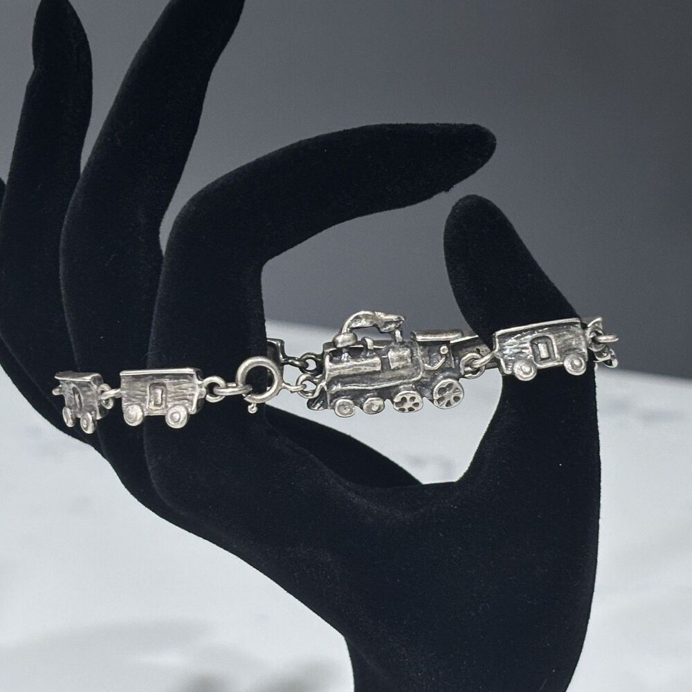 Vintage Sterling Silver Train Bracelet Railroad Locomotive 925 Mexico 7.5"